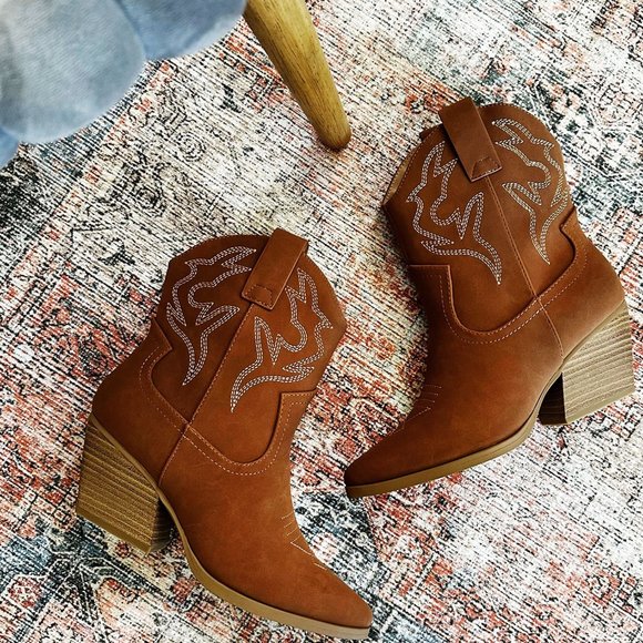 Soda Brown Ankle Boots with Western Stitching - Picture 3 of 6